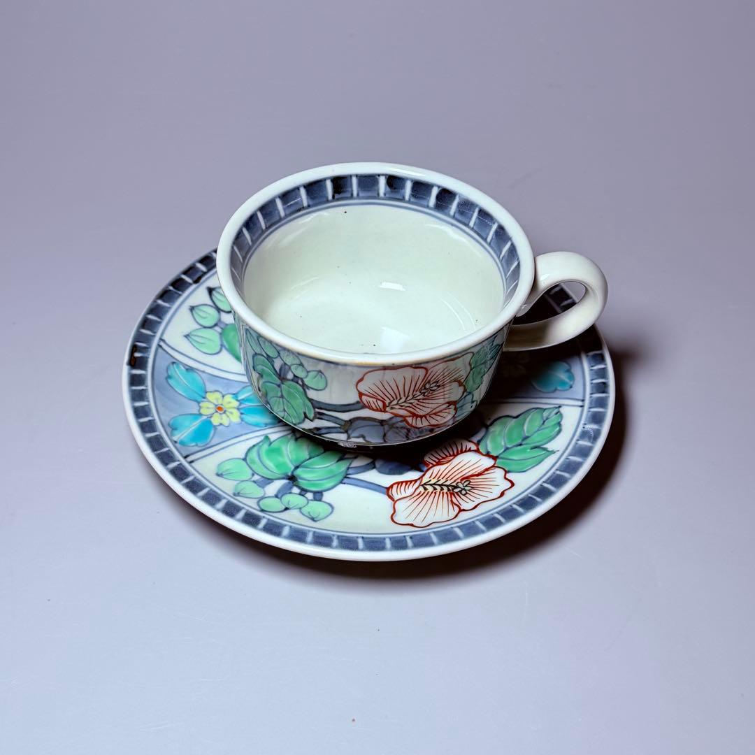 五代 佐藤走波 七十五才 染錦牡丹文カップ＆ソーサー コレクター