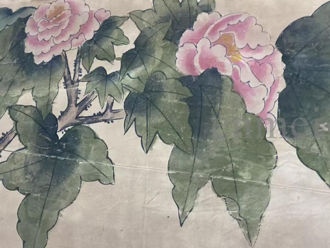中国古美術・旧藏・明末風・周之冕款・花鳥画・絹本中堂掛軸・純