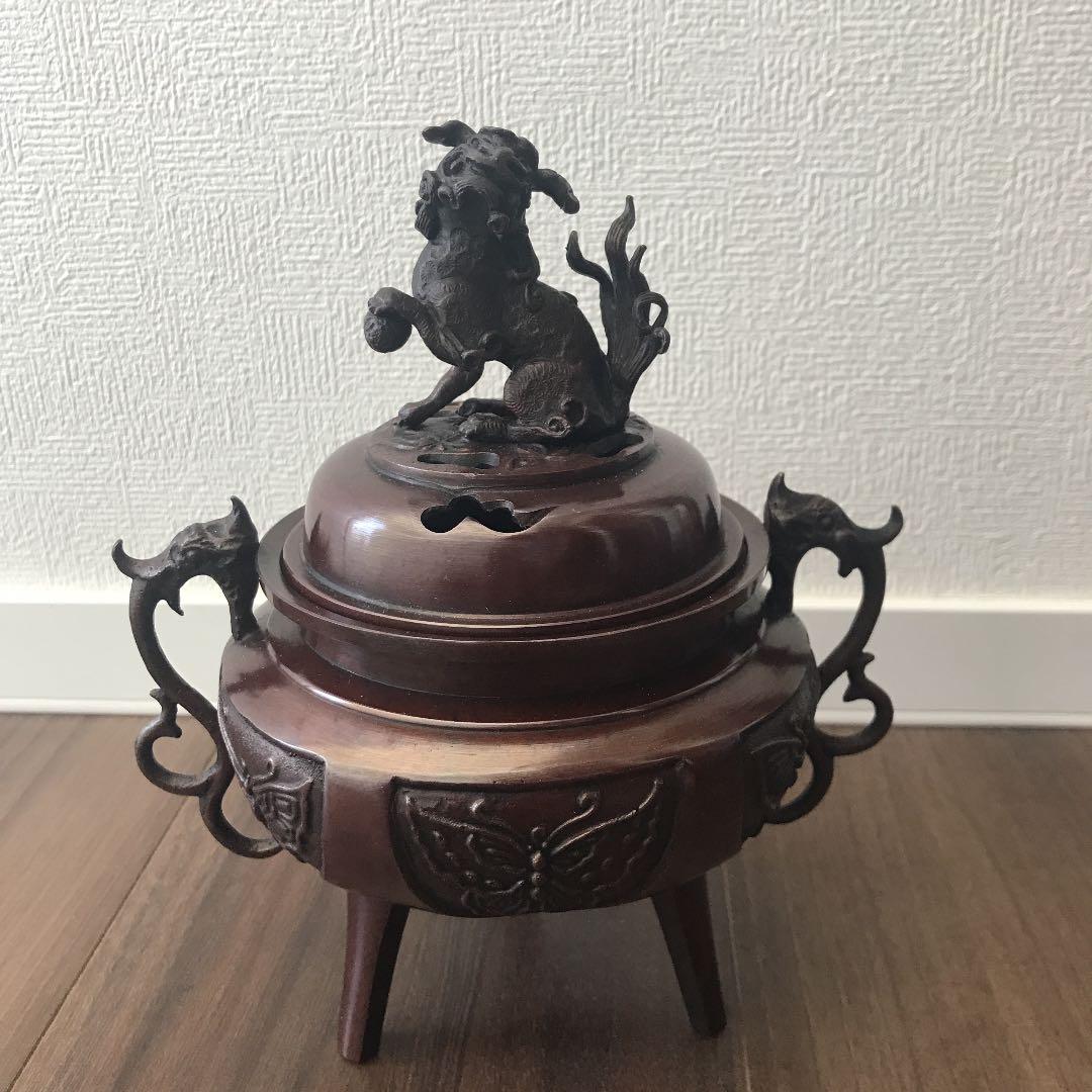 天然石 三獅子香炉 骨董彫刻 古銅製 高彫香炉 仏手柑鳥 獅子蓋 M1220