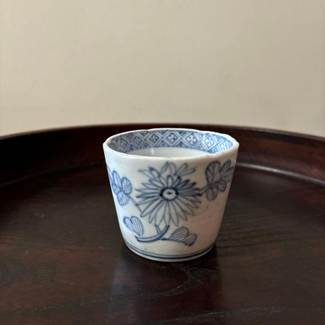 明治初期雲鶴文猪口美濃型紙染付け陶器ちょこ骨董