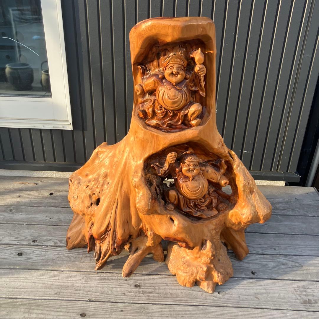 昭和レトロ 天然木 一刀彫 極上彫 七福神 大黒様 大黒天 恵比寿様 大型