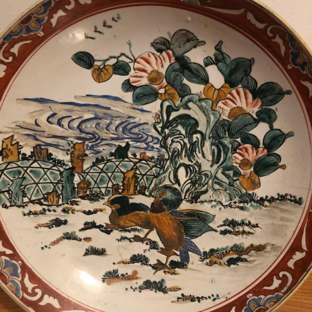 古い九谷焼の色絵大皿約37cm皿立て付き 古い九谷焼の色絵大皿約