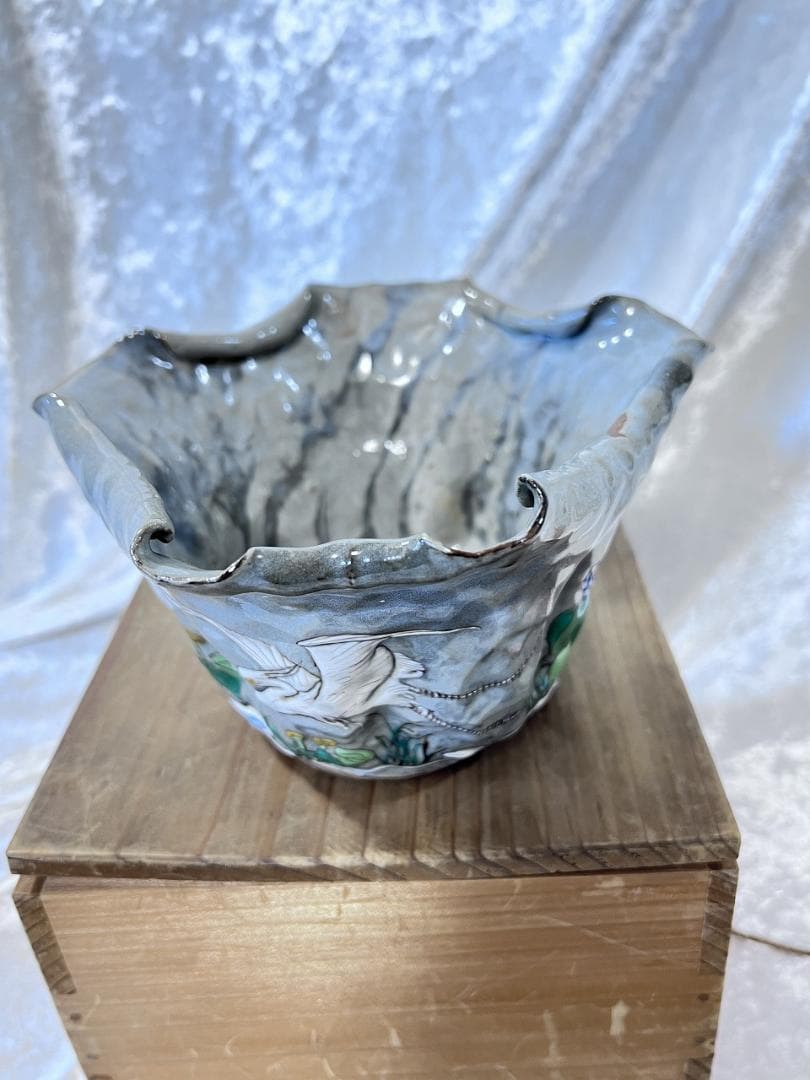 万古焼蓮葉型丼　共箱 斑紫銅 蓮葉形茶托 五枚 三浦研斎(作) 共箱 | 古美術ささき