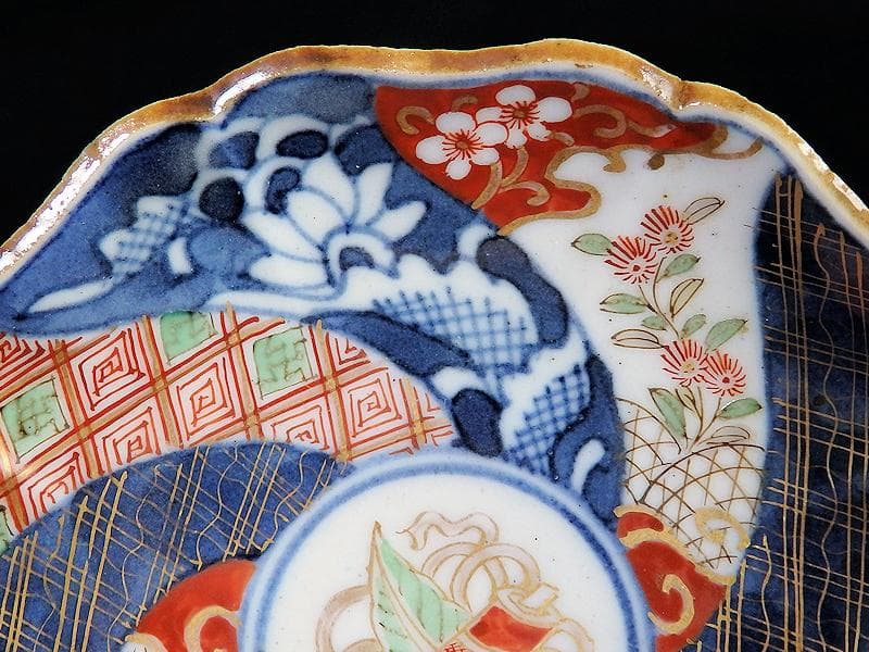 大聖寺伊万里　染錦　捻り紋　芭蕉葉に巻物　３寸半皿 ５枚　C840AS-BQo