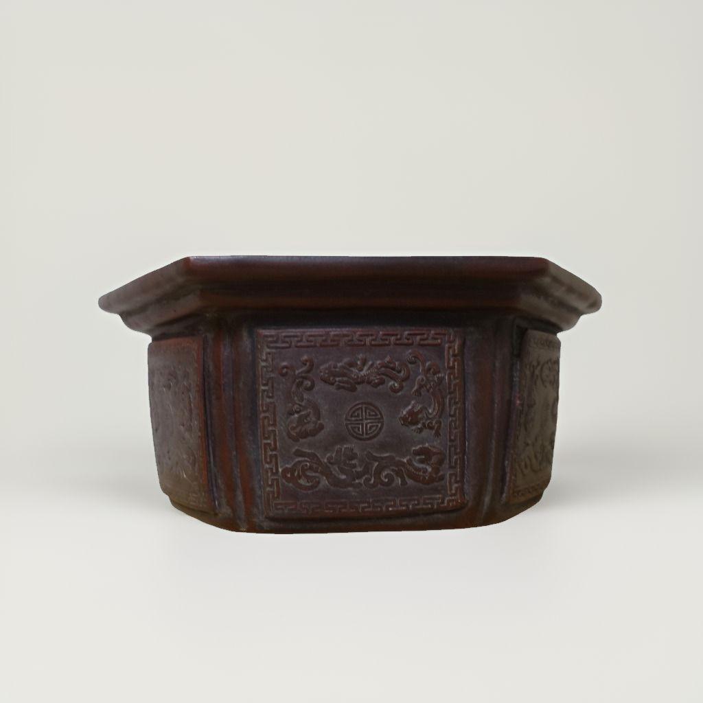 浙寧玉成窯造】中国古美術 八角形陶器鉢 紫砂陶芸 ダークブラウン