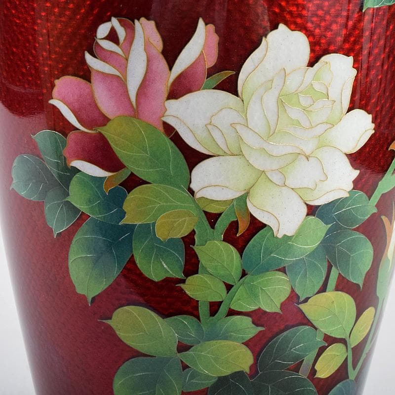 七宝焼 赤透釉 薔薇文 花瓶 唐木台・時代箱付 V R9466