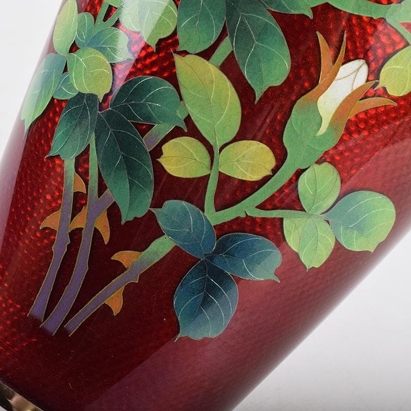 七宝焼 赤透釉 薔薇文 花瓶 唐木台・時代箱付 V R9466