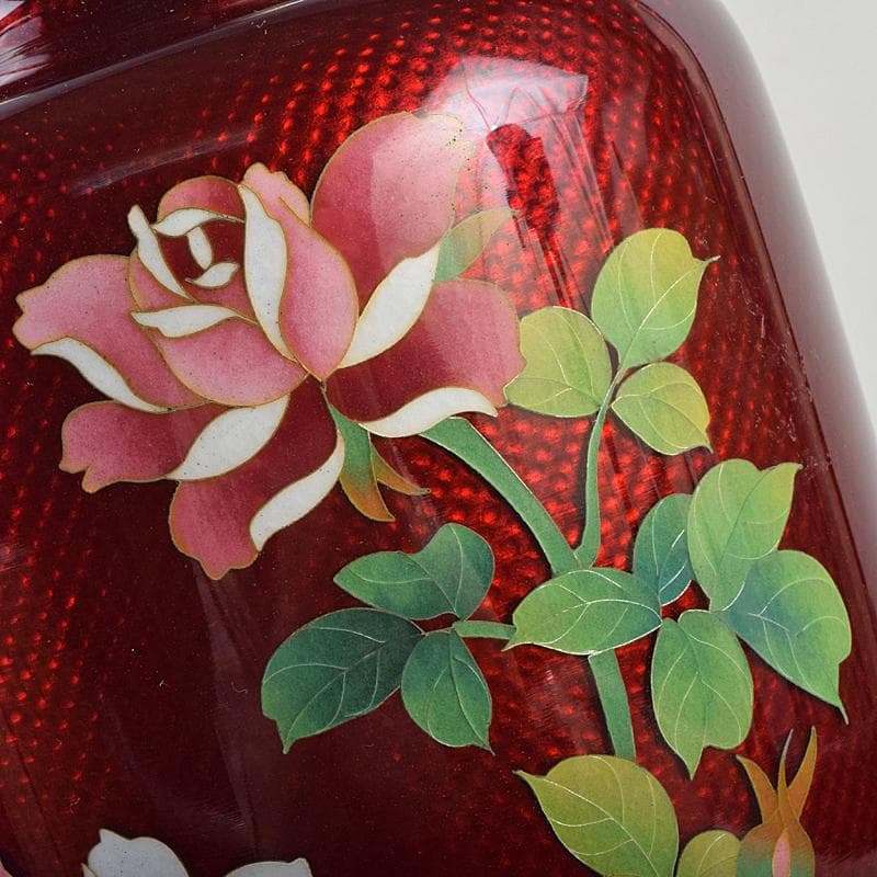 七宝焼 赤透釉 薔薇文 花瓶 唐木台・時代箱付 V R9466