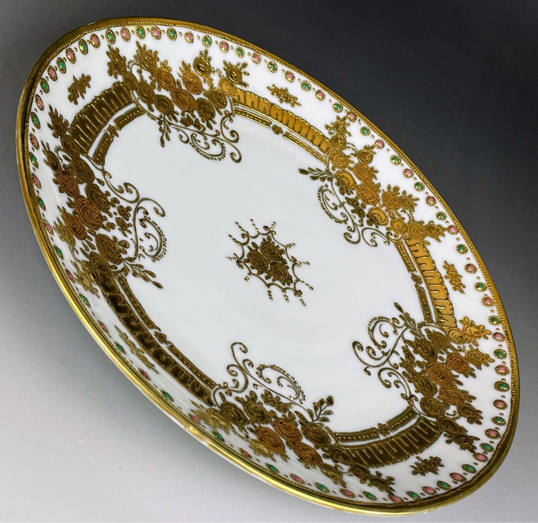 オールドノリタケ 24．1cm ジュエル エナメル 金盛り プレート 皿