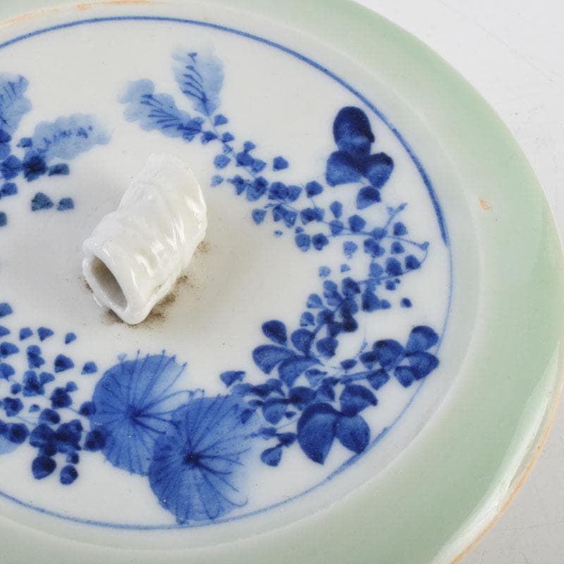 瀬戸焼　染付　花草文　三足香炉　蓋物　在銘　時代箱　V　9032