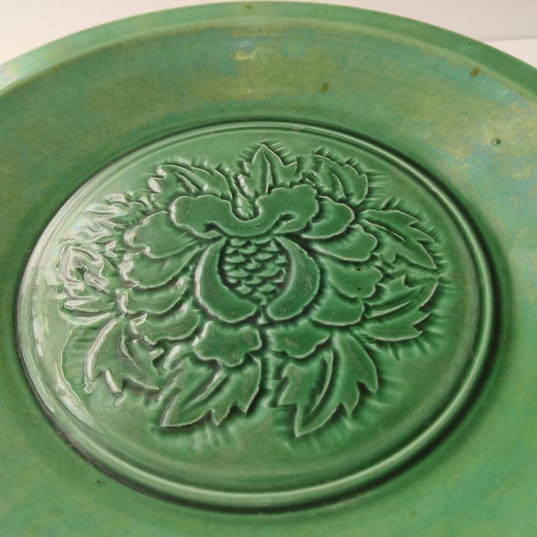M267-2 中国 新渡緑釉飾り皿 唐物緑釉盤 中央花