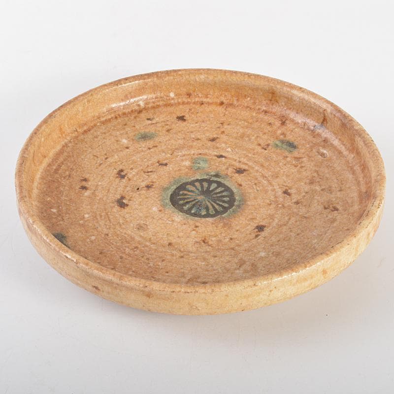 人間国宝 荒川豊蔵作 黄瀬戸 菊紋皿 共布 鵬雲斎極め箱 M