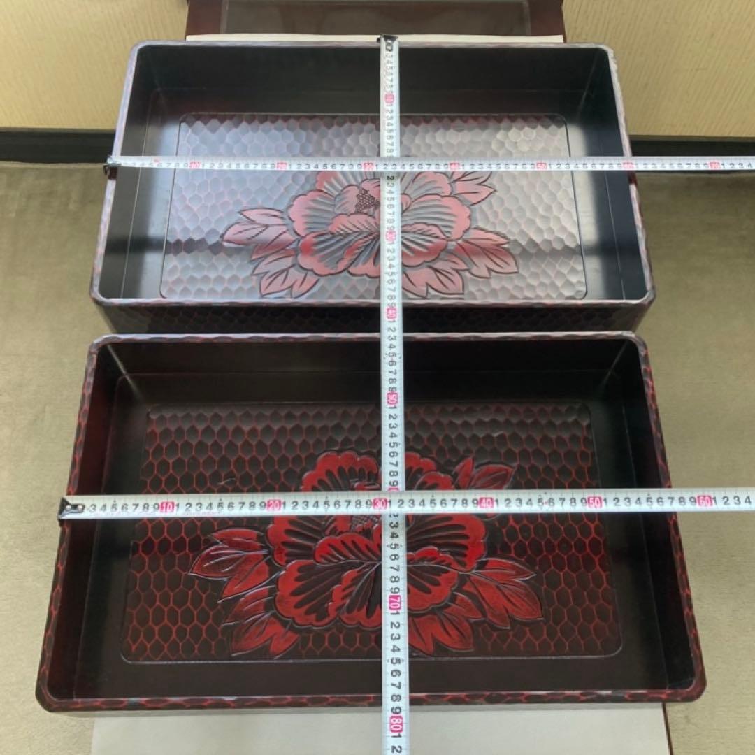 鎌倉彫 乱れ籠 衣装籠 盆 トレイ 2枚組 収納 木製 彫刻 漆塗 花柄