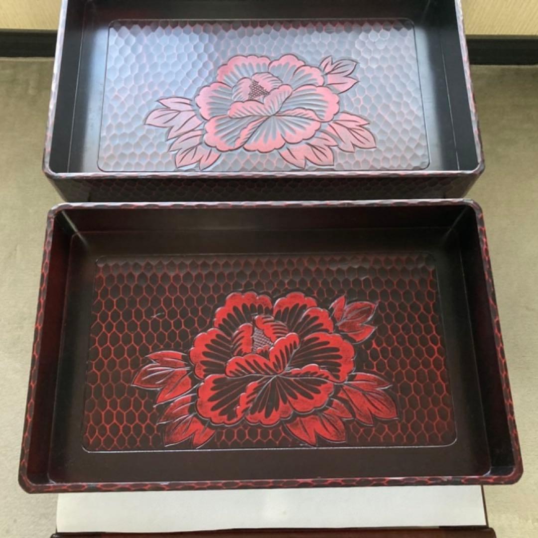 鎌倉彫 乱れ籠 衣装籠 盆 トレイ 2枚組 収納 木製 彫刻 漆塗 花