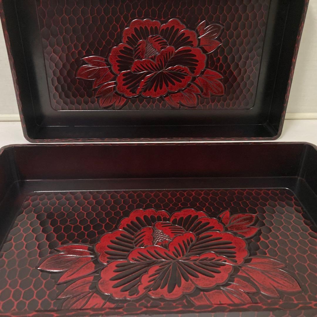 鎌倉彫 乱れ籠 衣装籠 盆 トレイ 2枚組 収納 木製 彫刻 漆塗 花