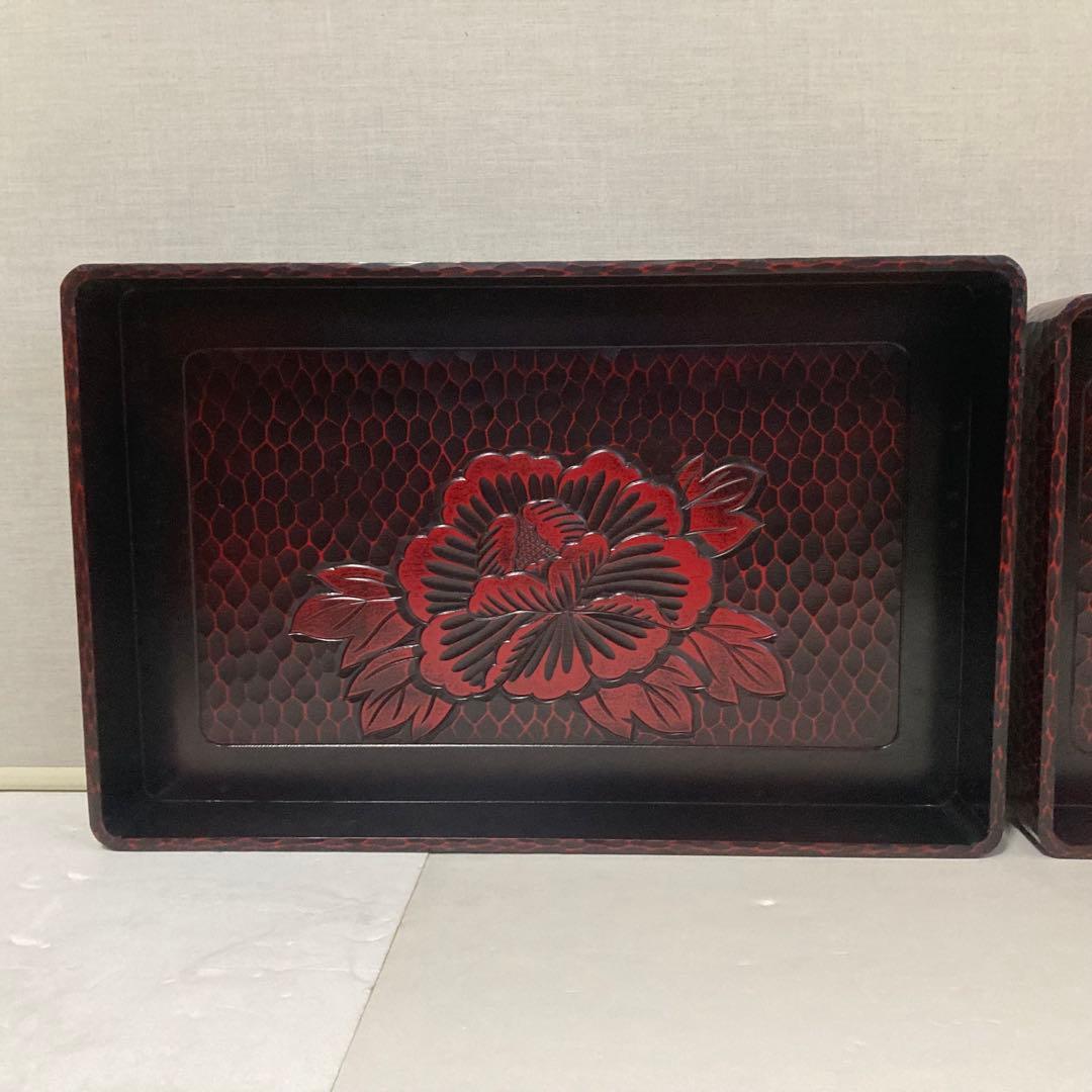 鎌倉彫 乱れ籠 衣装籠 盆 トレイ 2枚組 収納 木製 彫刻 漆塗 花柄