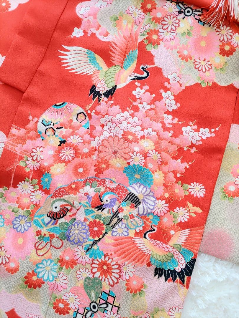七五三用赤い花柄着物セット　フルセット　7歳　華やか　作り帯