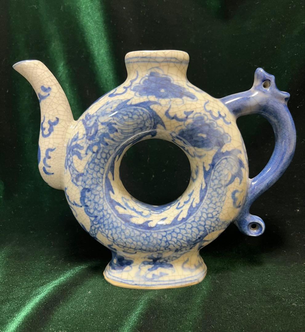 解体整理中国古玩 青花龍紋様丸型水注木箱アリ大明正徳