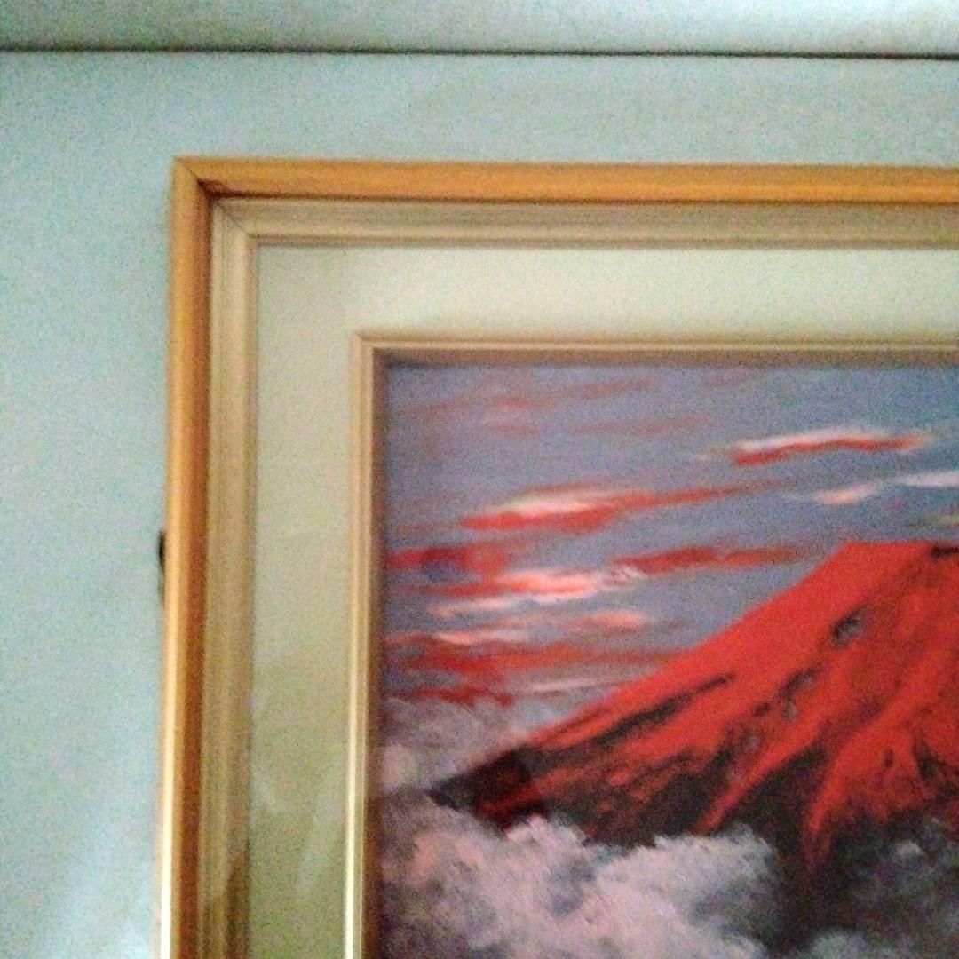 大型赤富士油彩画 開運 縁起物 風水 木製額縁 富士山 油絵 肉筆 大山功
