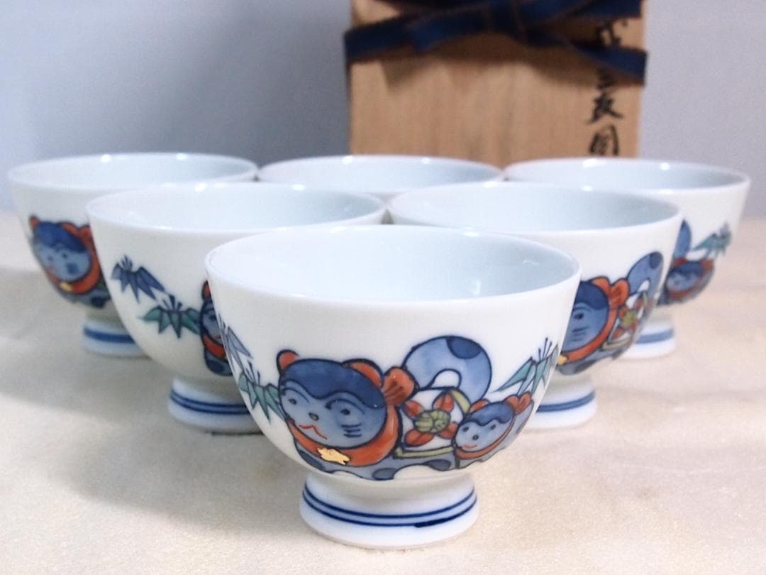 【未使用】京焼/清水焼 京都 平安吉兆 青華着彩戌三友図 茶碗6客 干支/戌年