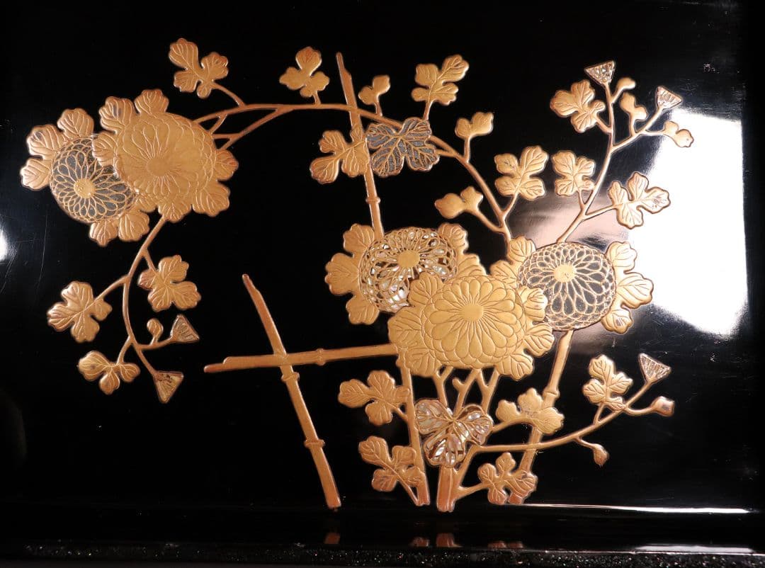 時代 光琳蒔絵 脇取盆 二枚 螺鈿 菊 金銀蒔絵 長方盆 広蓋 黒塗 MA404