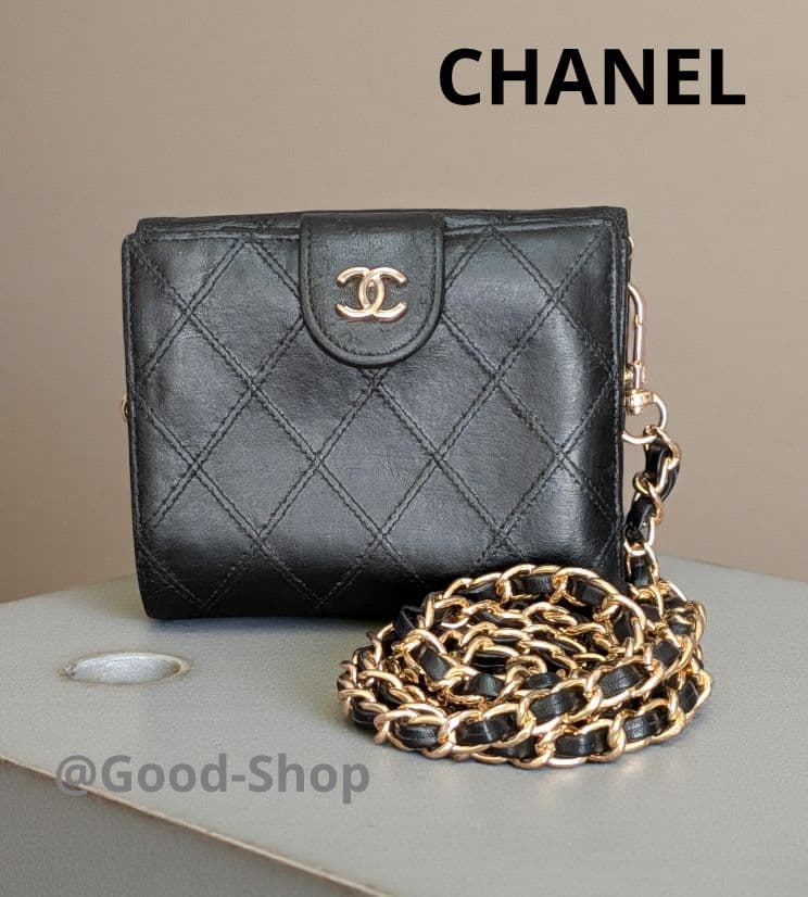 シャネル ビコローレ Wホック折り財布 黒 ラムスキン チェーン