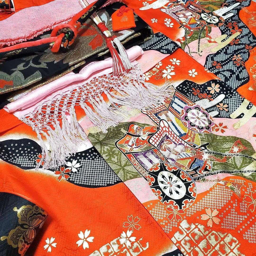 七五三 7歳 四つ身 正絹 子供 着物 作り帯 女の子長襦袢 フルセット