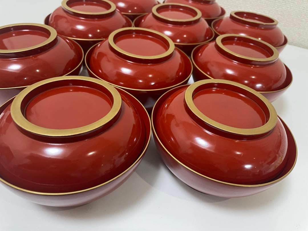 漆器 朱色 椀 10客 金縁 輪島塗 吸物椀 蓋付 無地 アンティーク レトロ