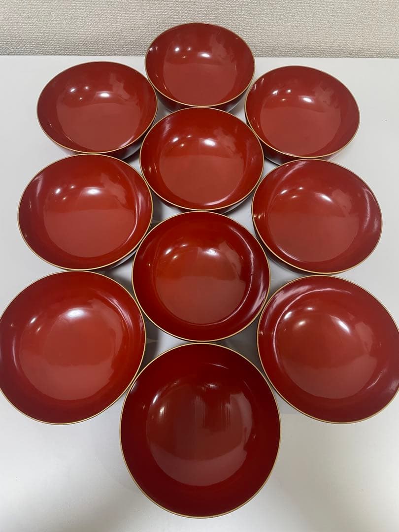 漆器 朱色 椀 10客 金縁 輪島塗 吸物椀 蓋付 無地 アンティーク レトロ