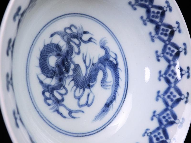 古伊万里 染付 七宝繋ぎ紋に龍の図 膾皿 5客 江戸期 A050AS-CKk