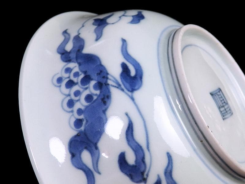 古伊万里 染付 七宝繋ぎ紋に龍の図 膾皿 5客 江戸期 A050AS-CKk