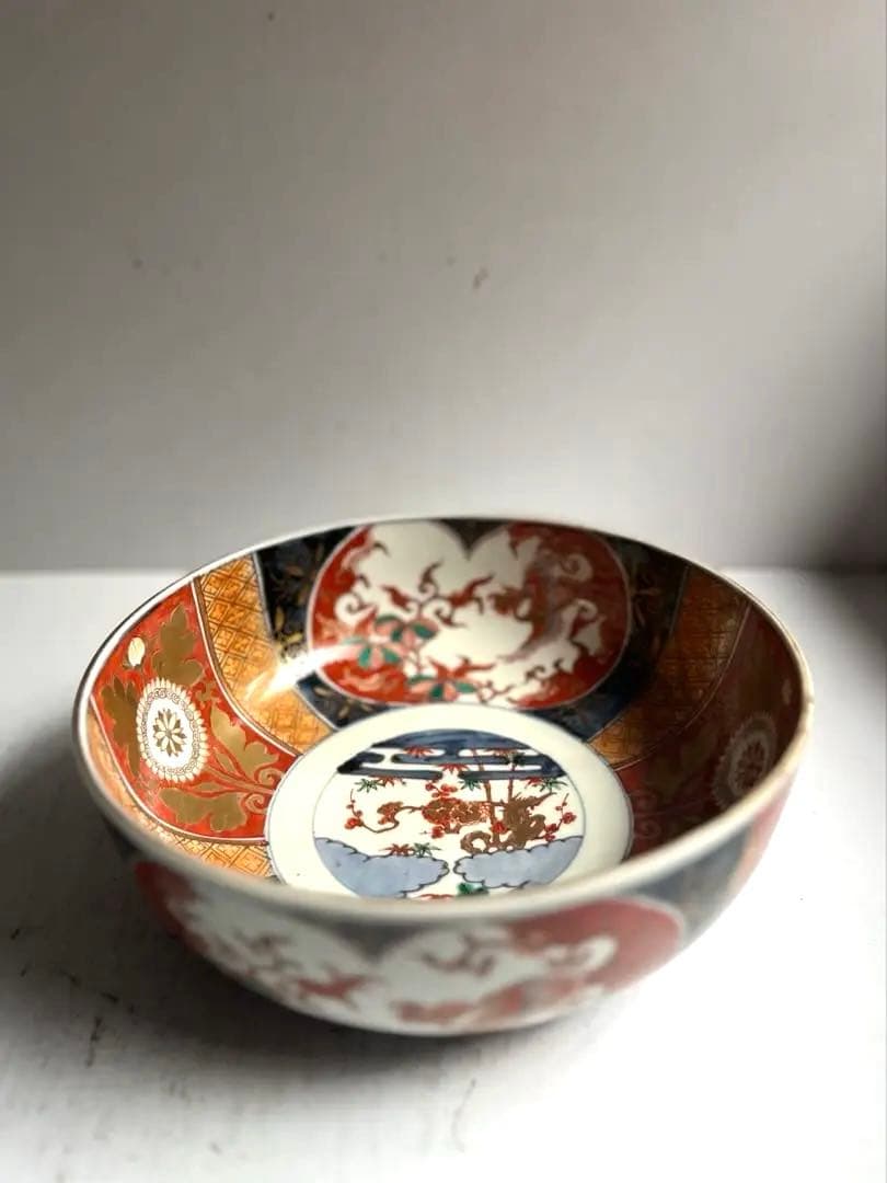 517 骨董 アンティーク 古伊万里 染付 色絵金彩窓絵鳳凰図8寸鉢