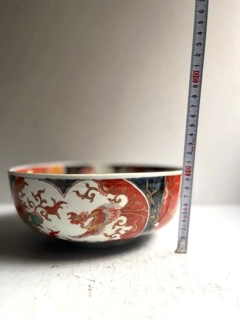 517 骨董 アンティーク 古伊万里 染付 色絵金彩窓絵鳳凰図8寸鉢