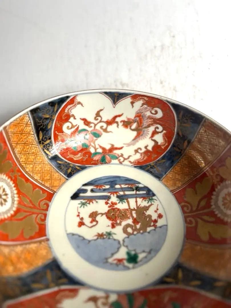 517 骨董 アンティーク 古伊万里 染付 色絵金彩窓絵鳳凰図8寸鉢