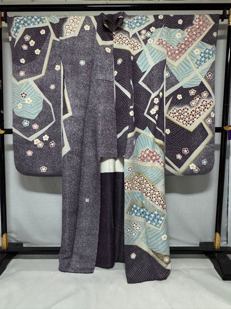 作家物] 振袖 正絹 成人式 結婚式 紫 水色 たたき 高身長 縮緬 卒業式