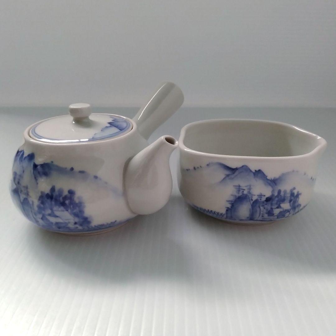 骨董 骨董品 呉須 染付 山水図 茶器揃 茶器 急須 湯冷まし 湯呑み 手描き