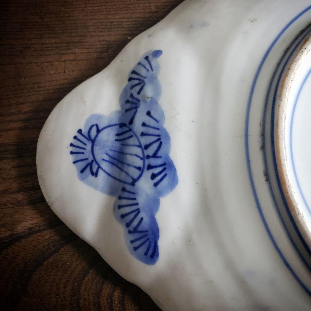 古伊万里　染付　赤絵　変形皿　貝型　蝙蝠　蝶　唐草　明治　訳あり