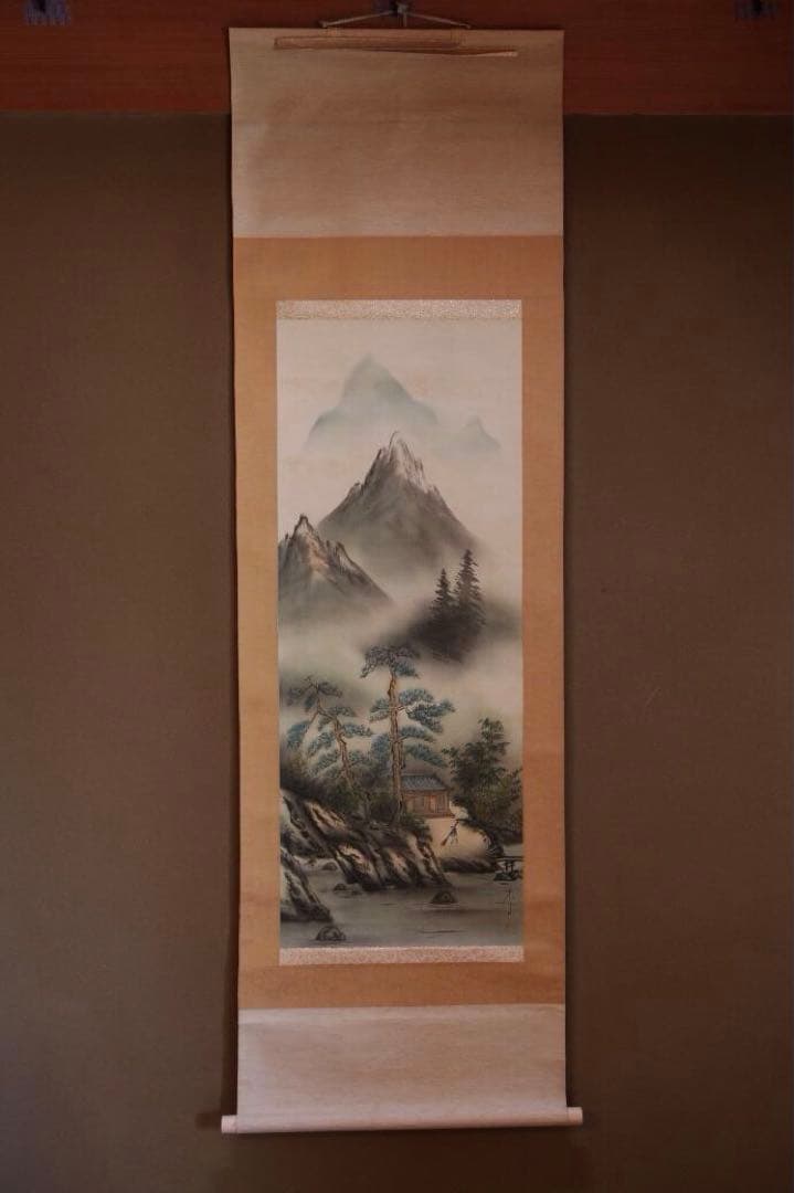 彩色山水画 香山作 掛け軸 絹本