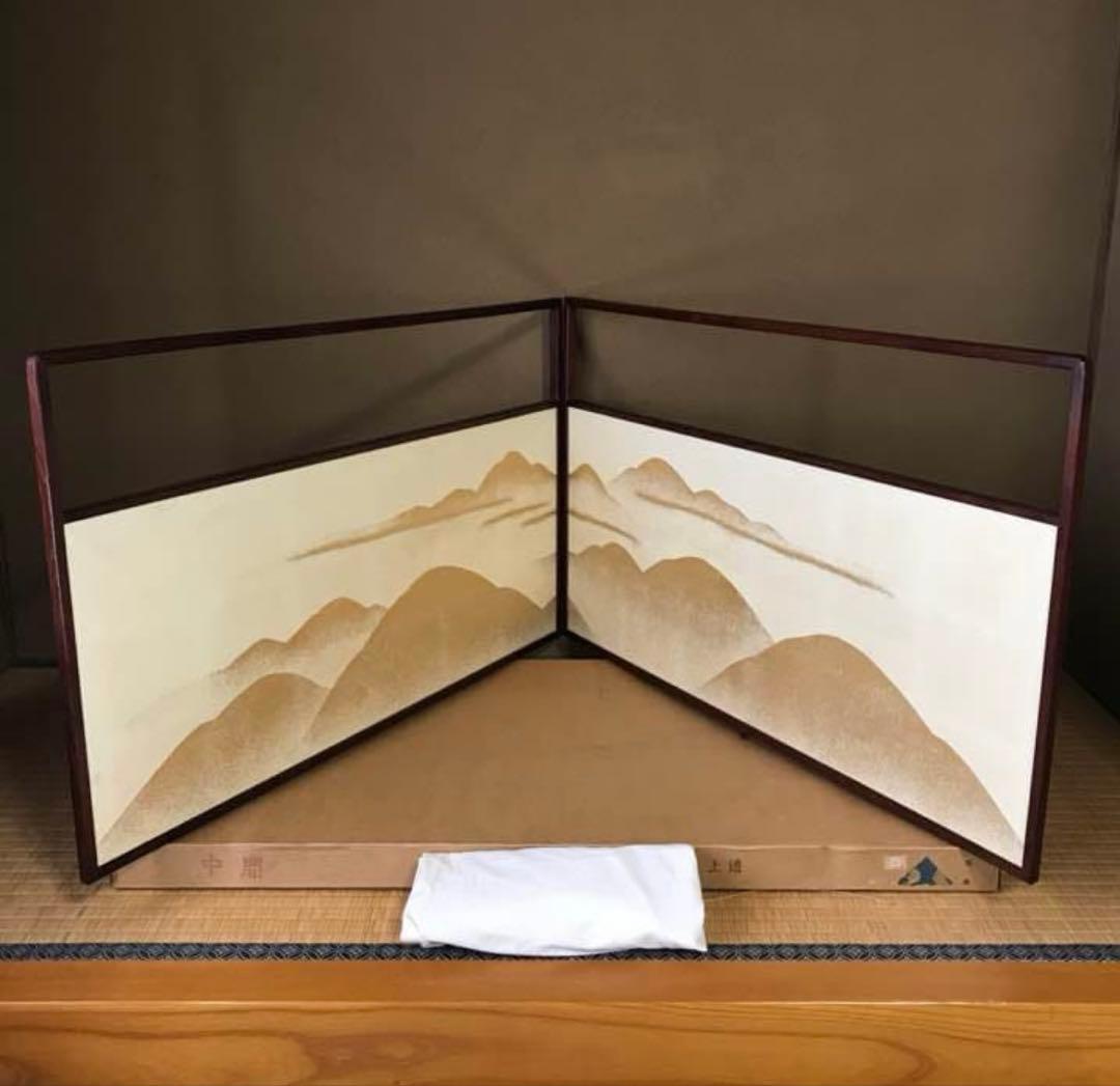 ☆風呂先屏風！烈地 荒磯/図題 遠山/両面開き/桑上透！布