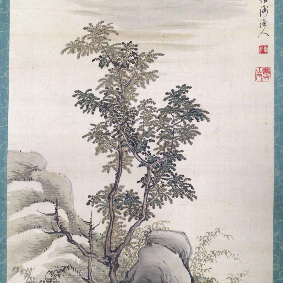 No3015掛軸　在銘　鍾洲漁人　夢研山人　款　月下草花図　絹本　合箱　送料無料