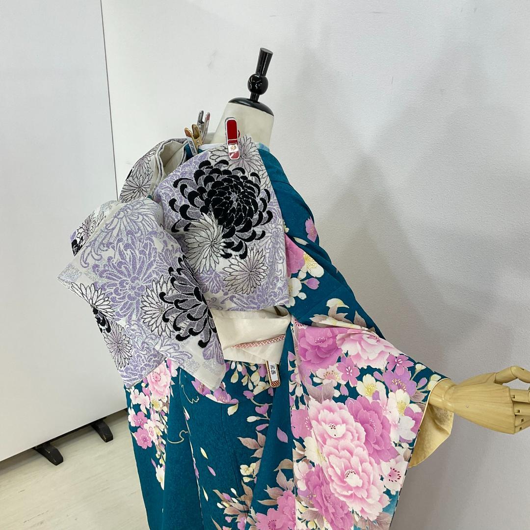 お振袖フルセット 7点セット ブルーグリーン 銀通し 正絹 美品 振袖の