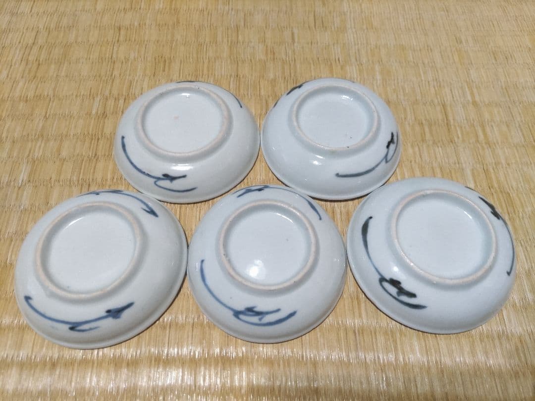 くらわんか 豆皿（5枚）白抜き 雪輪紋 裏：折れ松葉