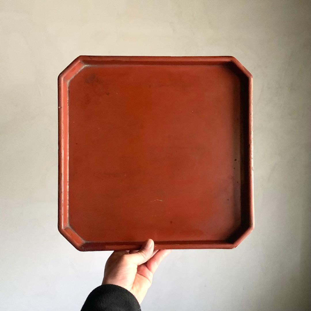 隅切 折敷 朱塗り 盆 古美術 古道具 アンティーク 盆 折敷盆