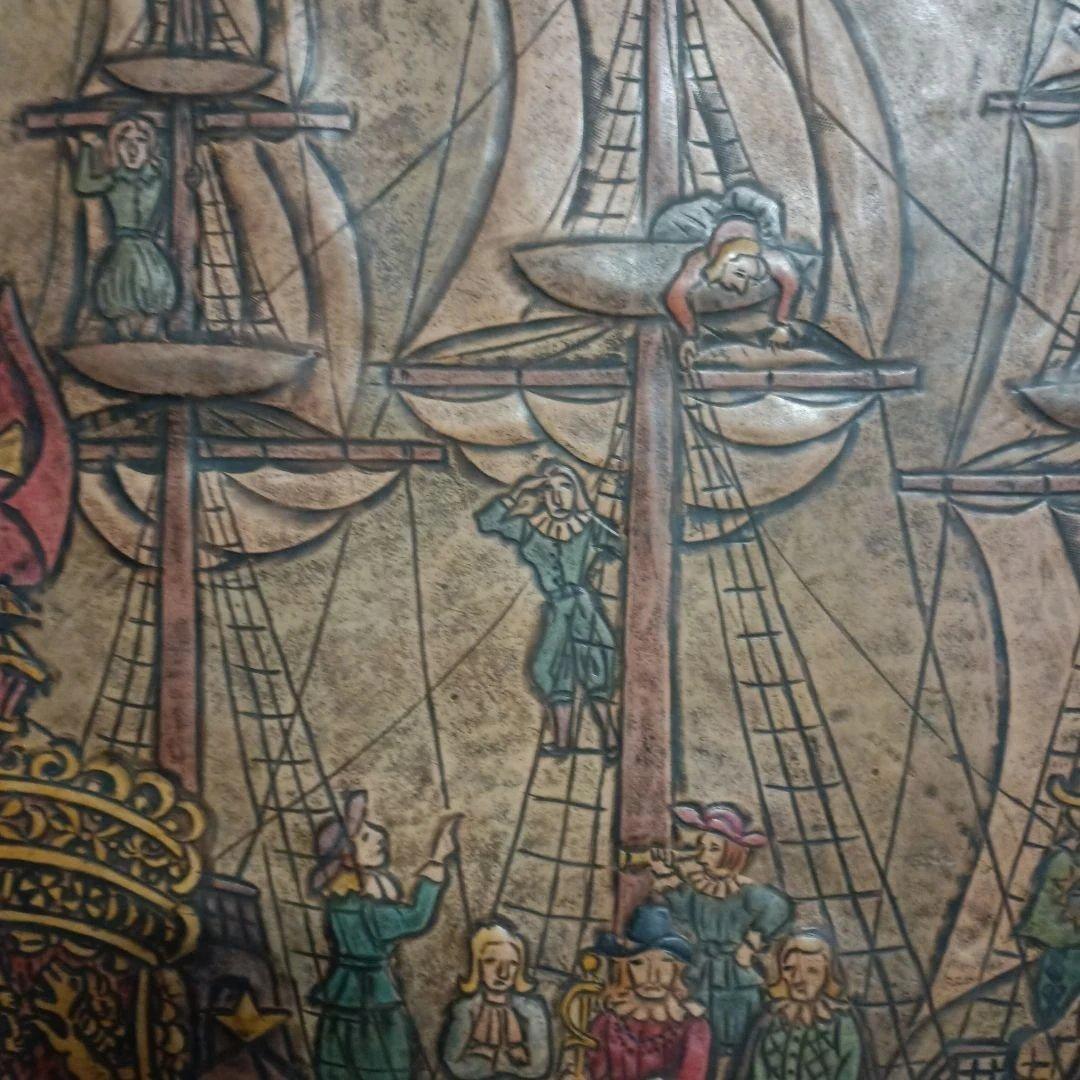 5678) 栗原千鶴子 南蛮船　革細工の絵画　画家の解説あり