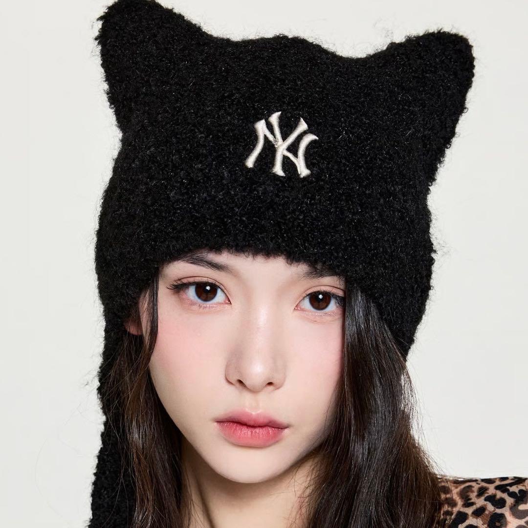 MLB 韓国限定 ビーニー もこもこ 猫耳 ブラック ニット帽 カリナ着用