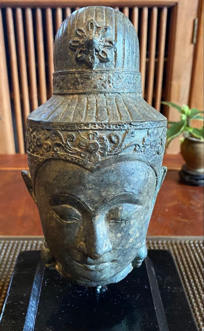 17世紀 古代タイ国 アユタヤ様式 青銅製 観音頭部 鑑賞台付