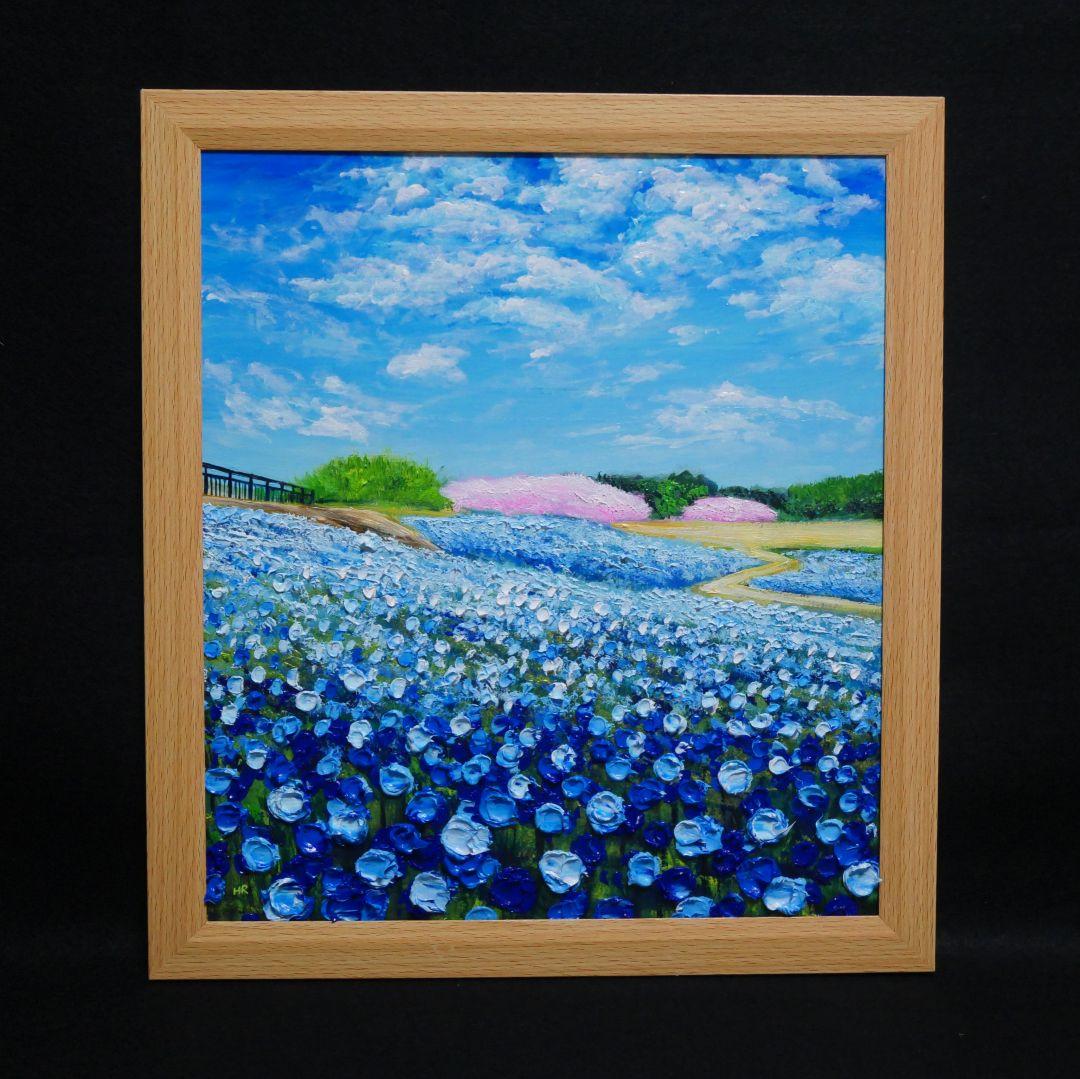 油絵 油彩 油彩画 絵 絵画 【ネモフィラと桜】