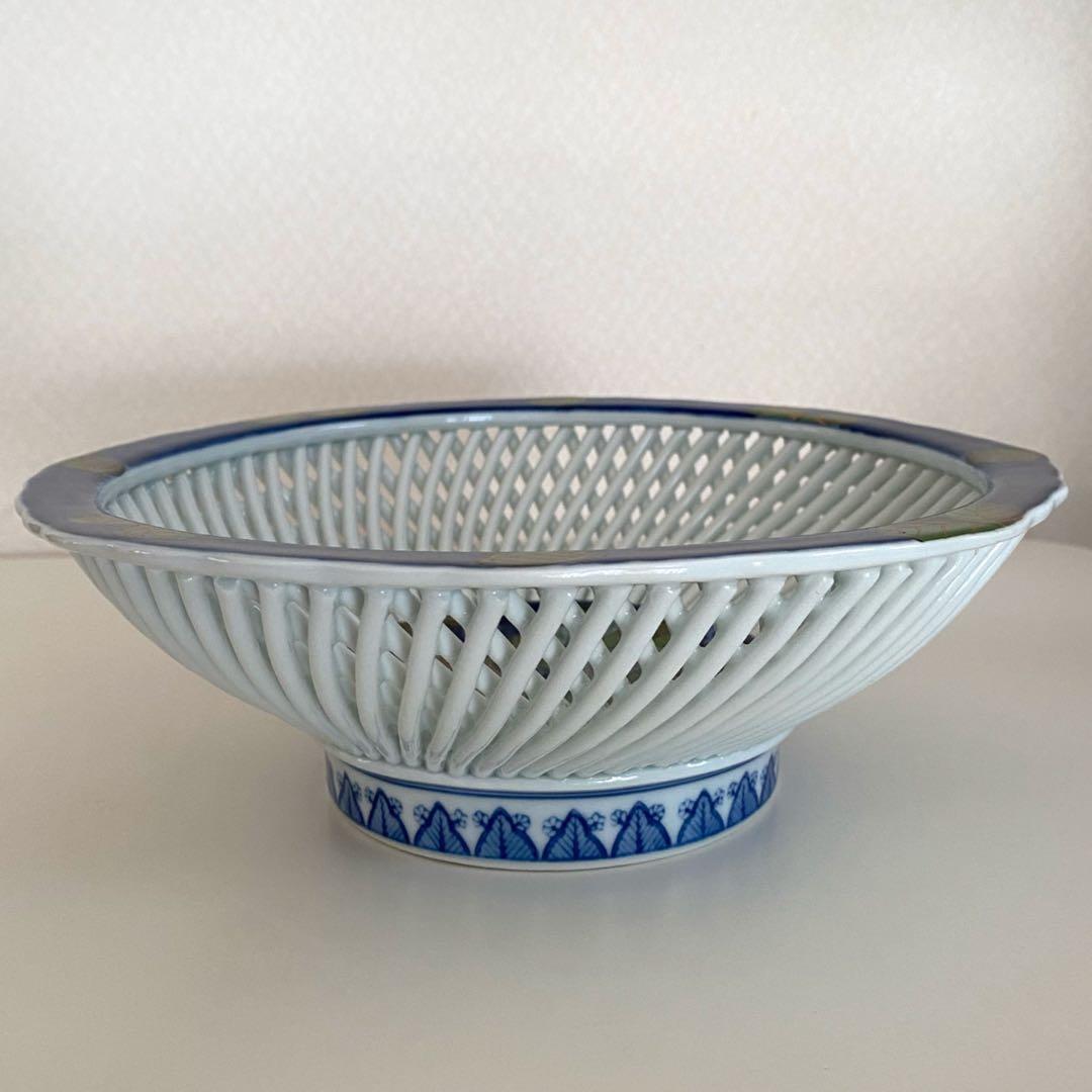 骨董箱付き網目菓子鉢透し網み目網目焼琴峰作年代物