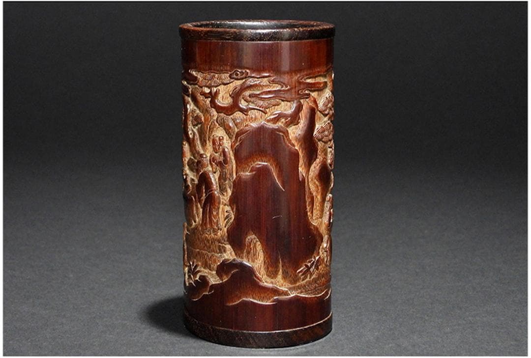 中国美術 古竹 彫刻 風景 賢人 図 筆筒 筆立/文房具書道具筆墨紙