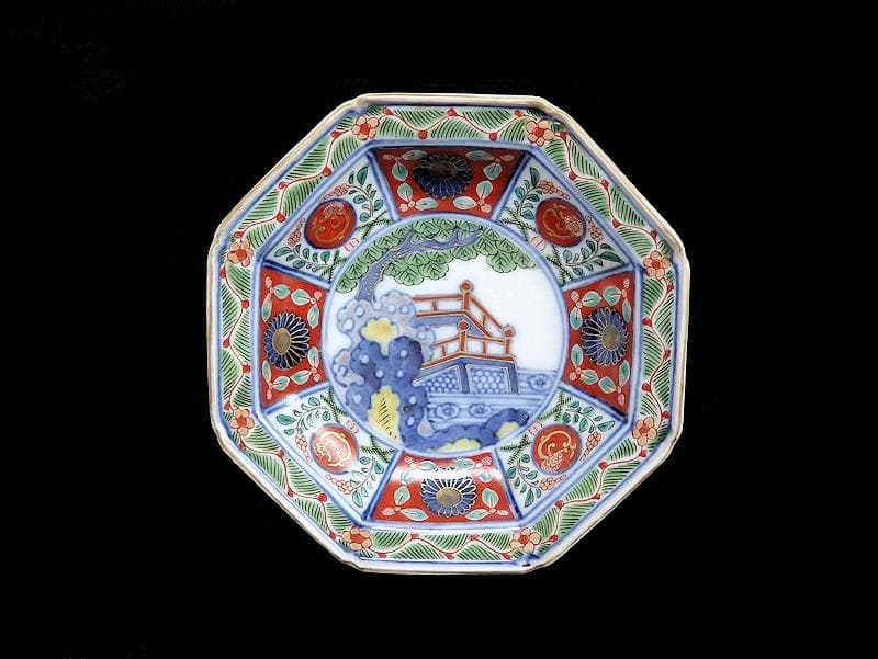 大聖寺伊万里 菊に龍 岩に欄干の図 八角4寸皿 4枚 D702AS-fbho